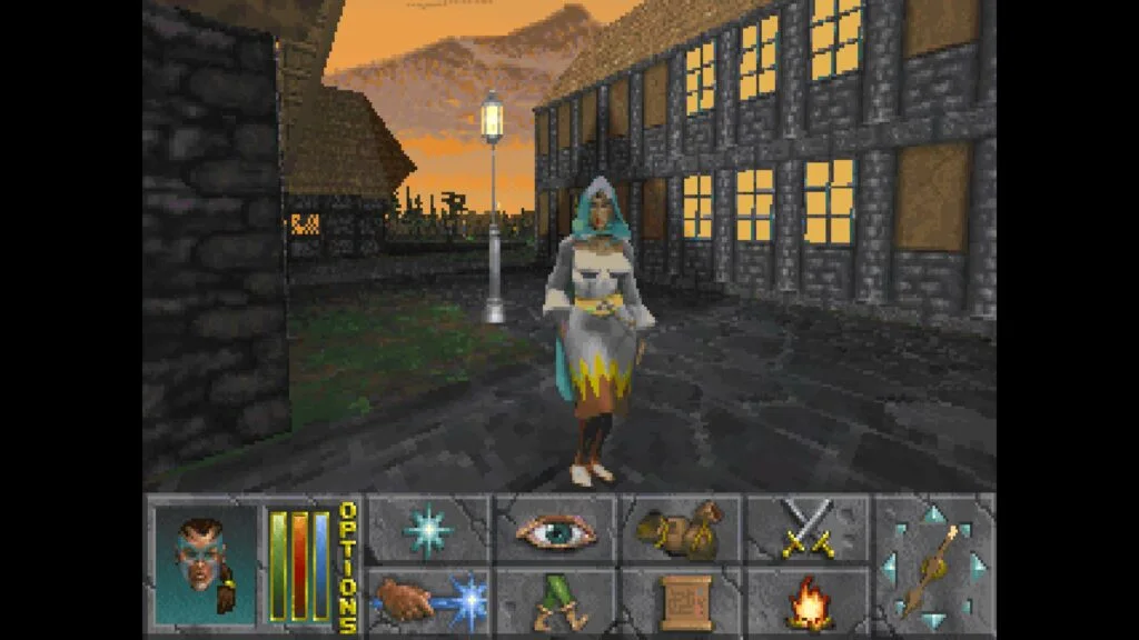A character standing on a medieval town street at sunset in Daggerfall Unity