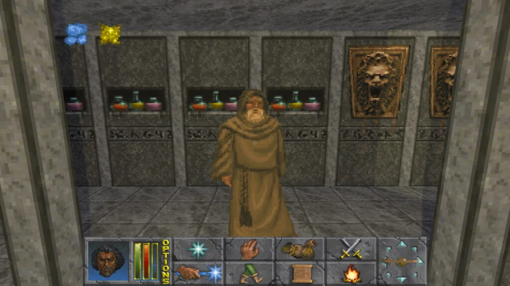 A robed shopkeeper behind a counter with the Daggerfall Unity heads-up display visible